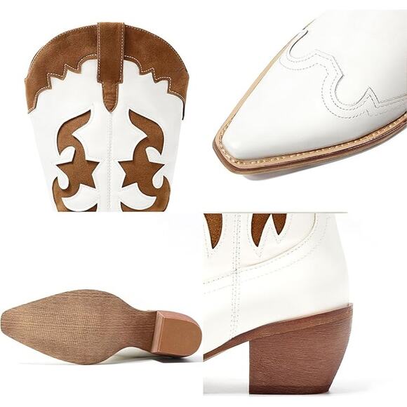 Women White Patchwork Cowboy Boots Wide Calf Western Cowgirl Mid Calf - Picture 11 of 11
